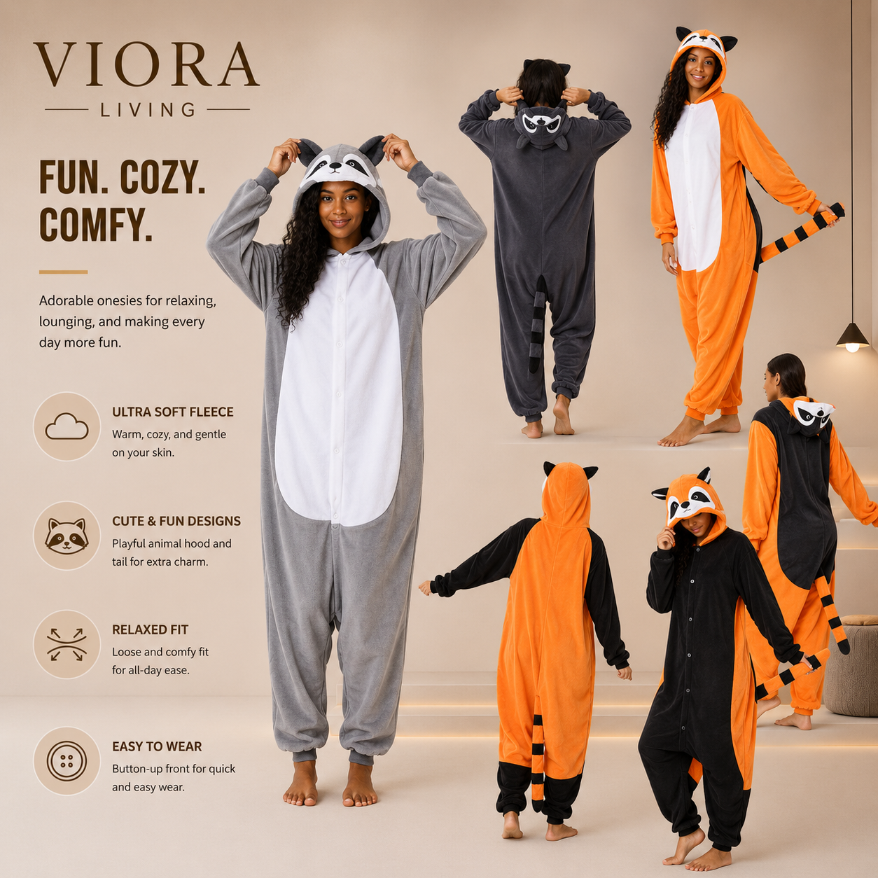 Viora Onesie Pajamas for Adults – Cosy Fleece Loungewear Jumpsuit (One Size)