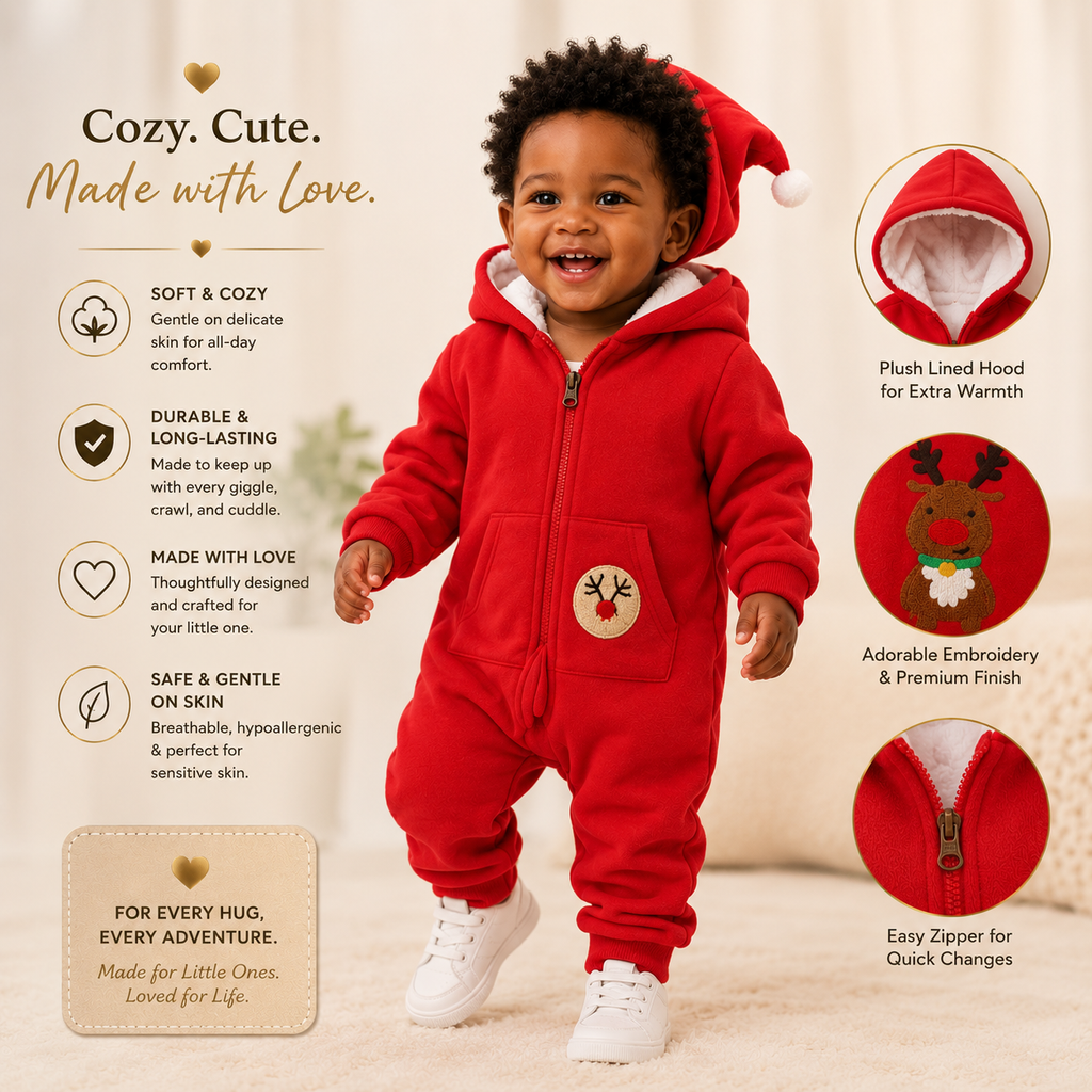 Viora Cosy Baby Romper – Thick Fleece-Lined Hooded Onesie for Newborns (0–12 Months)
