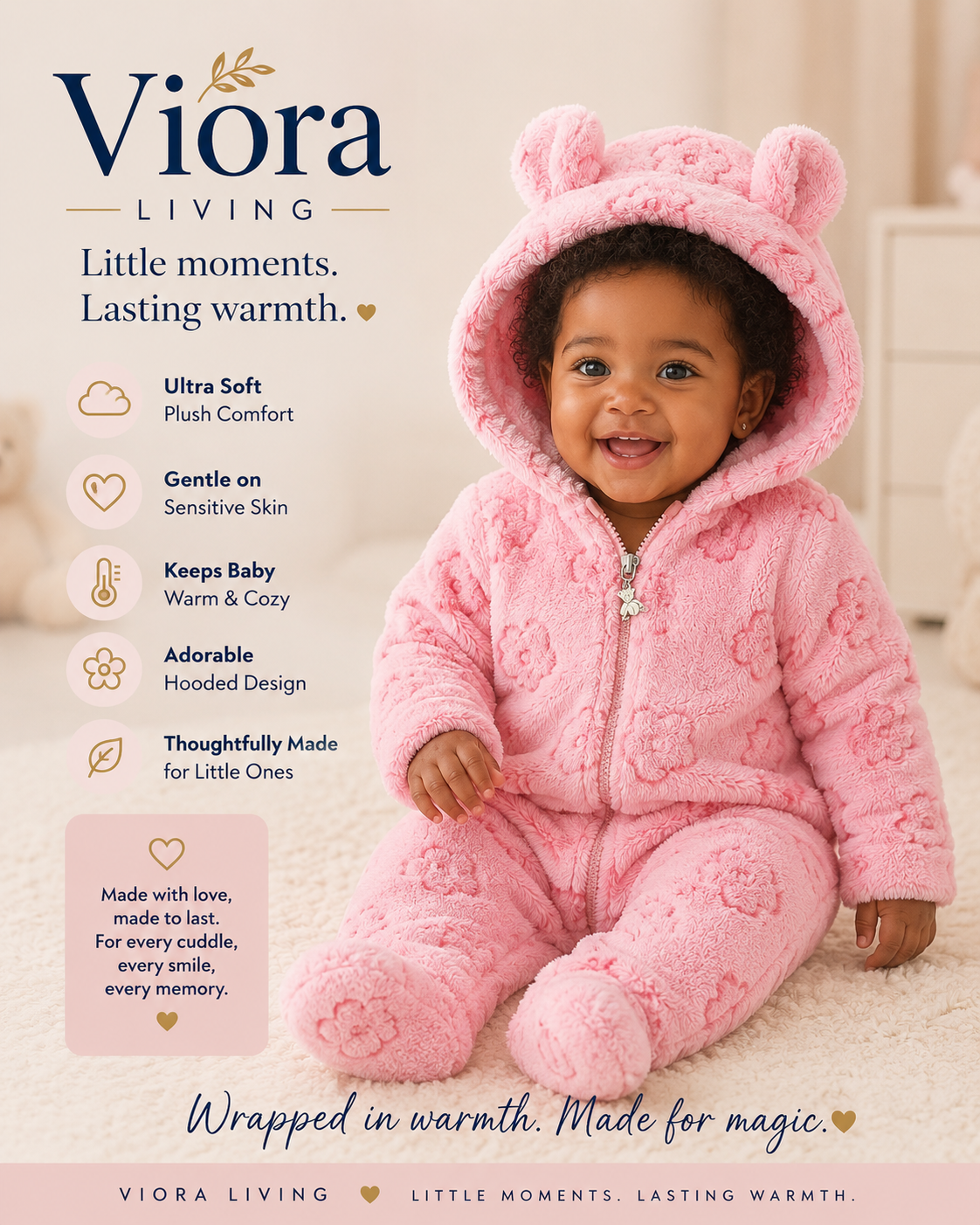 Viora Snuggle Bear Fleece Romper – Warm Winter Onesie for Babies & Toddlers (0–12 Months)