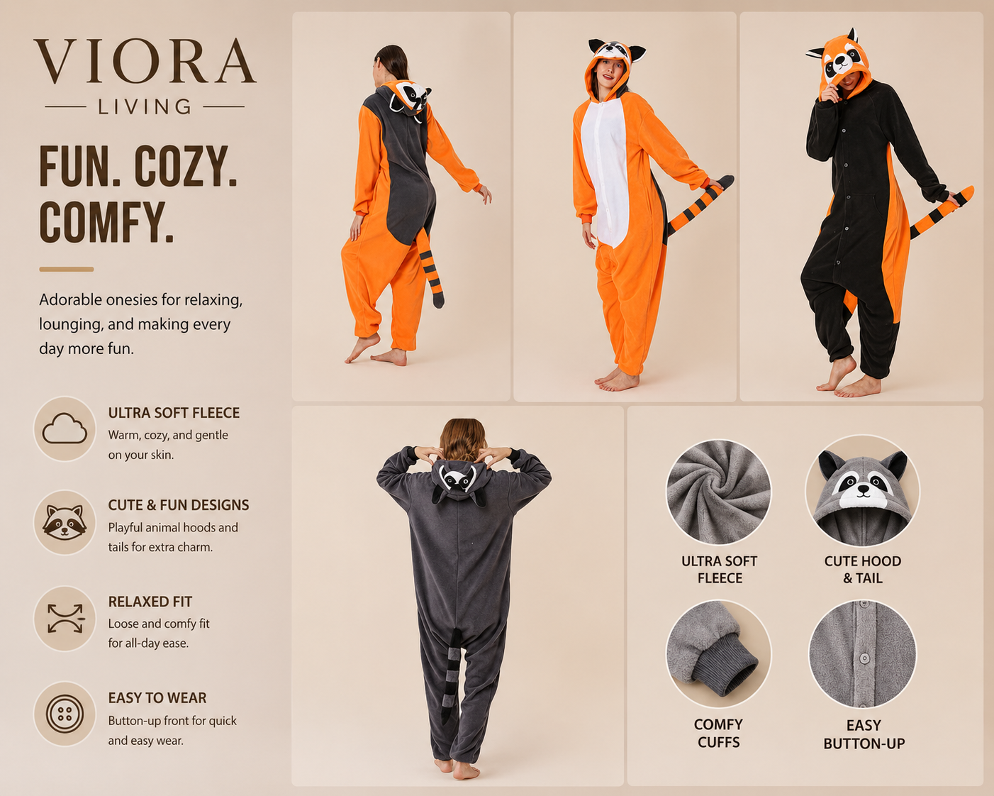 Viora Onesie Pajamas for Adults – Cosy Fleece Loungewear Jumpsuit (One Size)