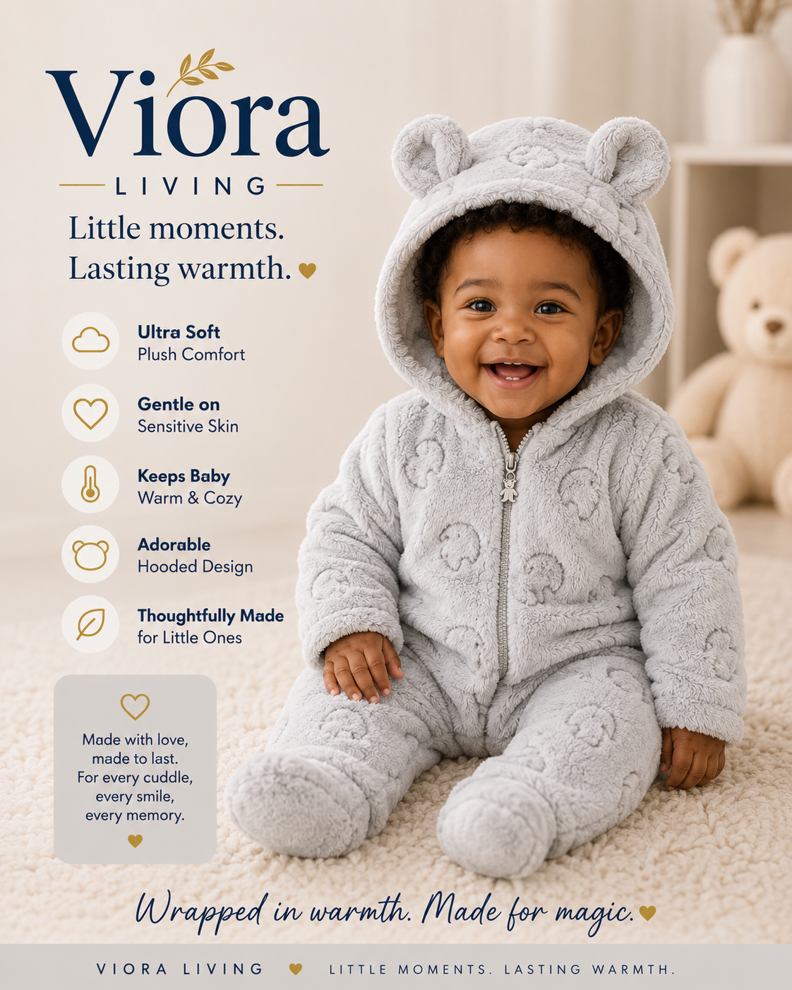 Viora Snuggle Bear Fleece Romper – Warm Winter Onesie for Babies & Toddlers (0–12 Months)