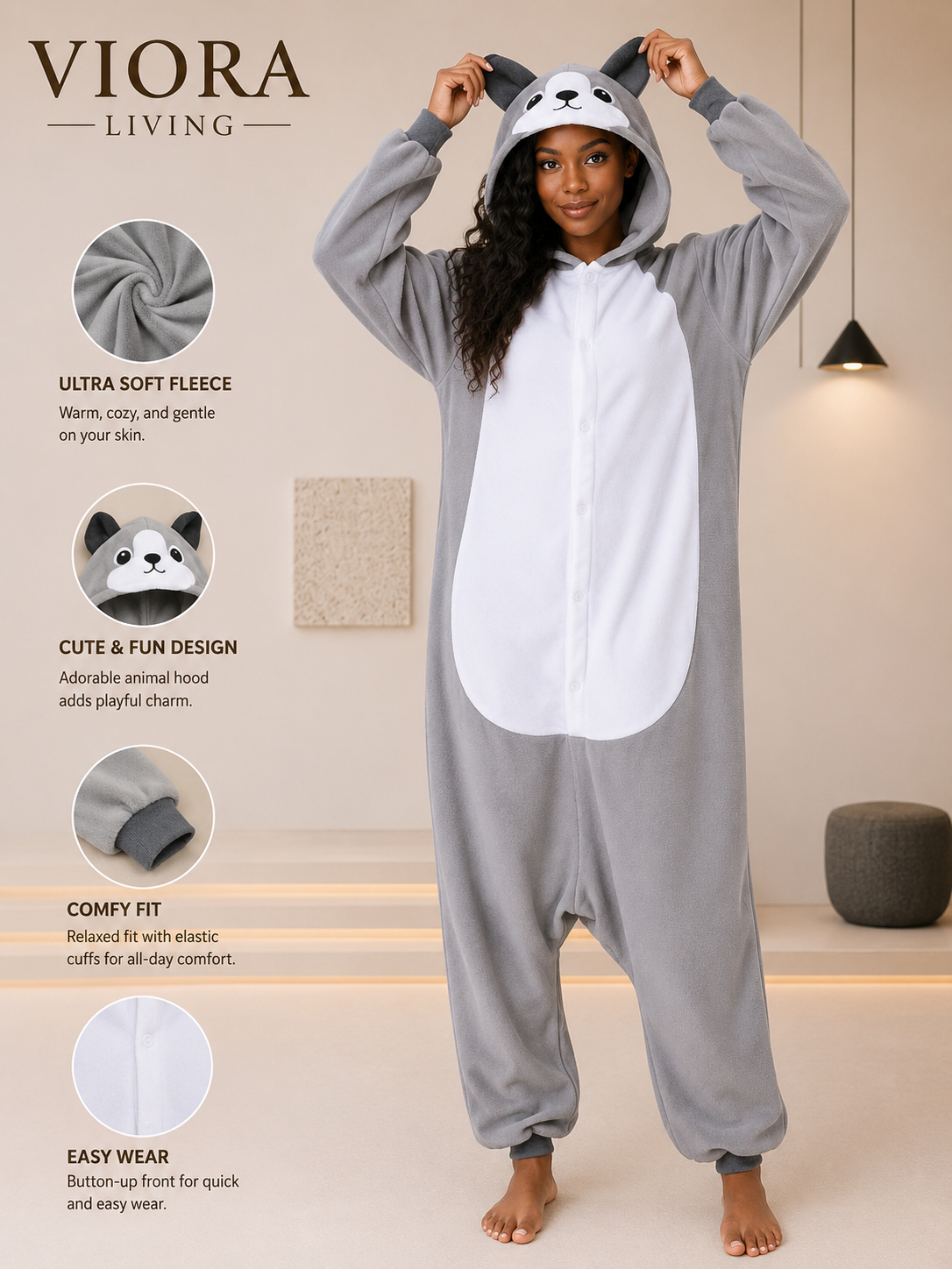 Viora Onesie Pajamas for Adults – Cosy Fleece Loungewear Jumpsuit (One Size)