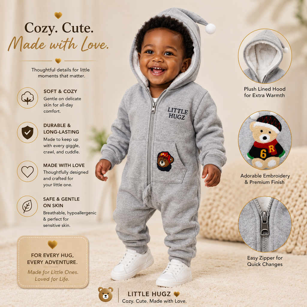 Viora Cosy Baby Romper – Thick Fleece-Lined Hooded Onesie for Newborns (0–12 Months)