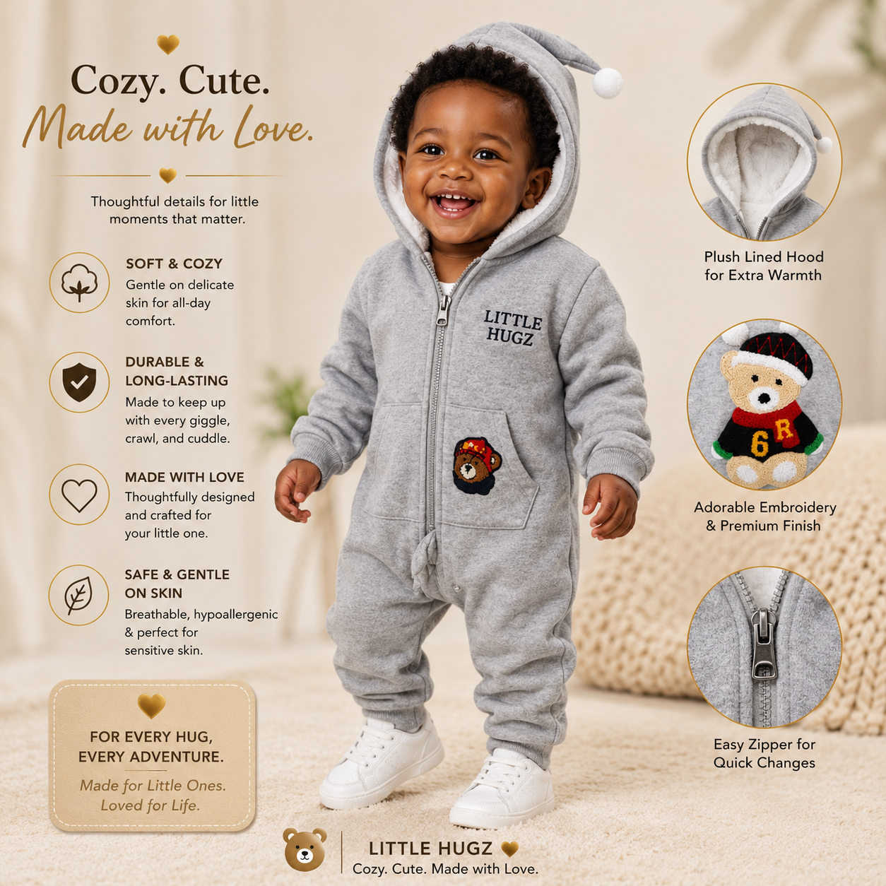 Viora Cosy Baby Romper – Thick Fleece-Lined Hooded Onesie for Newborns (0–12 Months)