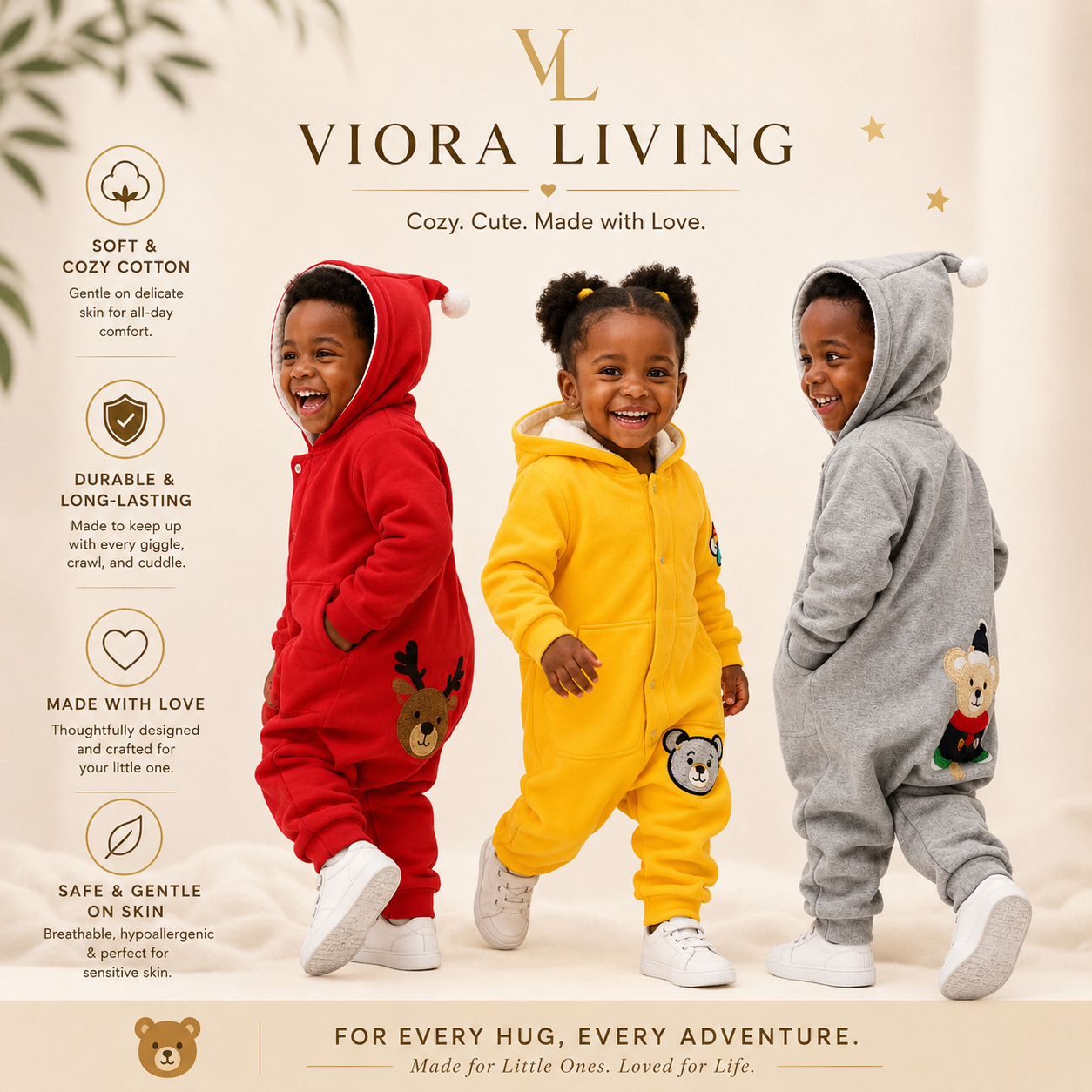 Viora Cosy Baby Romper – Thick Fleece-Lined Hooded Onesie for Newborns (0–12 Months)